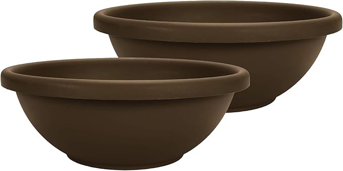 The HC Companies 13 Inch Shallow Garden Bowl Plant Pot with Drainage, Lightweight UV-Resistant Plastic Planters for Succulents, Herbs & More, 2-Pack Planters for Indoor Outdoor Home Decor, Chocolate