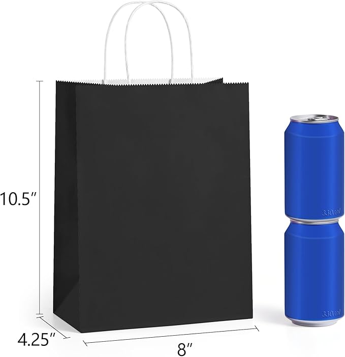 BagDream Black Gift Bags 8x4.25x10.5 100Pcs Kraft Paper Bags with Handles Bulk for Wedding, Party Favor, Grocery, Shopping, Retail, Merchandise Medium Paper Gift Sacks