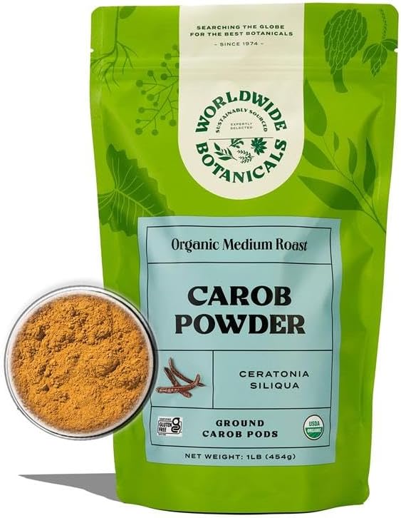 Worldwide Botanicals Organic Carob Powder, Medium Roast – 1 lb – Caffeine Free Cocoa Alternative – Low Fat Super Food with Natural Sweetness– Gluten Free, Kosher, 16 ounces