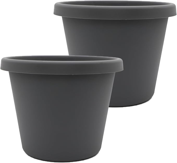 The HC Companies 12 Inch Prima Round Planter Pots with Drainage Holes and Rolled Rim, Lightweight UV-Resistant Plastic Indoor & Outdoor Planters, 2-Pack Flower Pots for Garden & Home Decor, Warm Gray