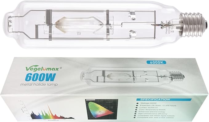 MH 600W Metal Halide Single Ended HID Grow Light Bulb Lamp High PAR Enhanced Blue and Violet Spectrums for Hydroponic Horticulture Vegetative Growth,CCT 6000K,55,000 Lumens,E39 Base