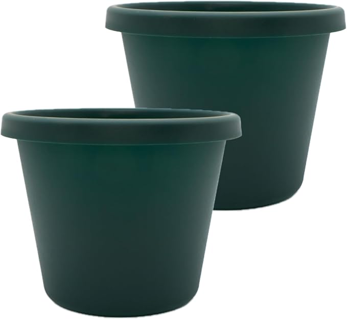 The HC Companies 12 Inch Prima Round Planter Pots with Drainage Holes and Rolled Rim, Lightweight UV-Resistant Plastic Indoor & Outdoor Planters, 2-Pack Flower Pots for Garden & Home Decor, Evergreen