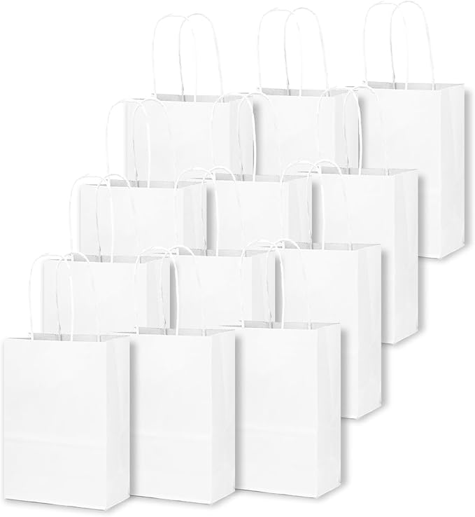 qiqee 200-Packs White Paper Gift Bags with Handles Bulk 4.5"x2.5"x6" Mini Size Paper Bags Multiple Uses