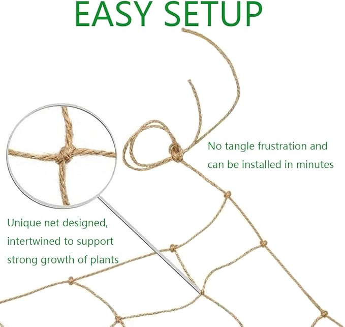 Jute Trellis Netting - Jute Netting for Climbing Plants, Heavy Duty Garden Plant Support Netting for Cucumber, Vine, Fruits & Vegetables Tomato Plants Trellis Net (6.6 x 32.8 Ft, 3.9 Inch Squares)