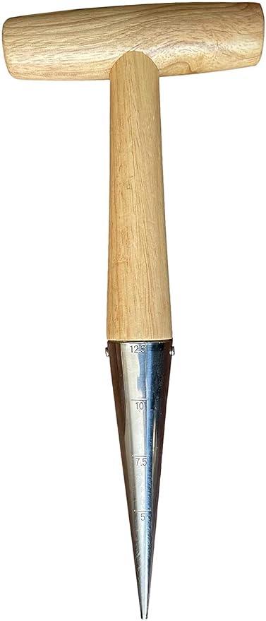 Garden Guru Steel Dibber Planter Tool for Planting Seeds & Bulbs - High Carbon Steel & Comfortable Wood Carved Handle - for Consistent Planting Flowers Tulips, Daffodils, Dahlias (2 Pack)