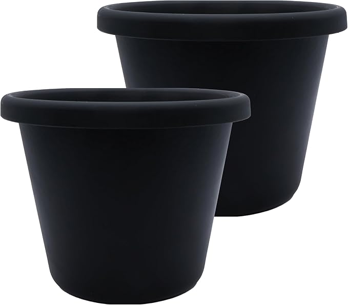 The HC Companies 14 Inch Classic Round Planter Pots with Drainage, Rolled Rim Plastic Planters for Indoor & Outdoor Plants, 2-Pack Decorative Flower Pots for Garden, Office & Home Decor, Black