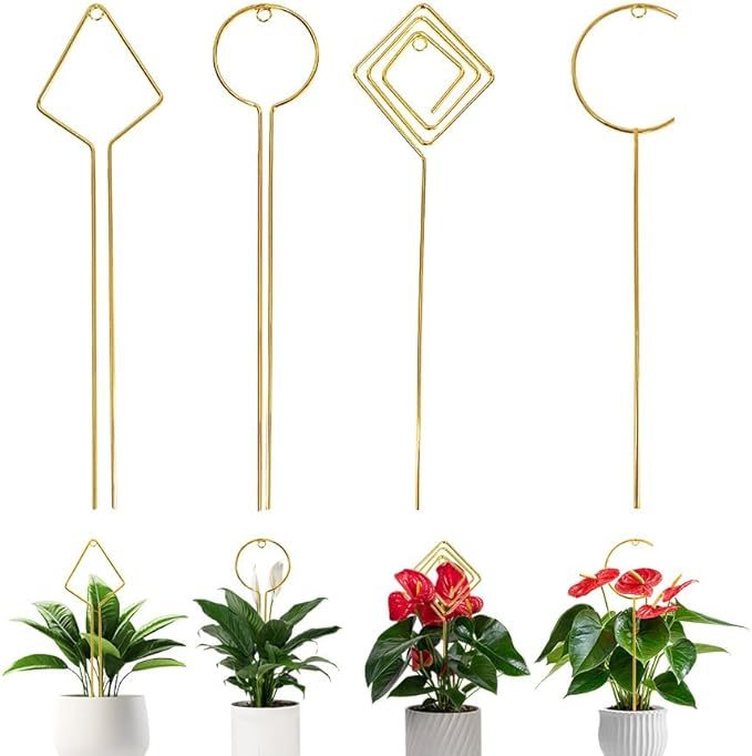 Plant Trellis Indoor - 4 Pack Small Hoop Trellis Mini for Climbing Plants Indoor, 15.7 Inch Indoor Plant Trellis with Different Patterns, Vine Plant Support for Flower Pothos (Gold)