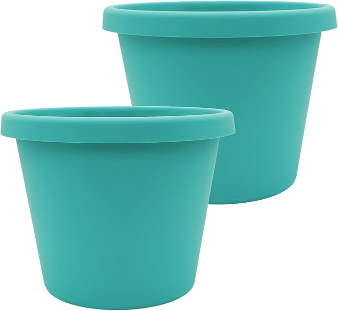 The HC Companies 16 Inch Prima Round Planter Pots with Drainage Holes and Rolled Rim, Lightweight UV-Resistant Plastic Indoor & Outdoor Planters, 2-Pack Flower Pots for Garden & Home Decor, Dusty Teal