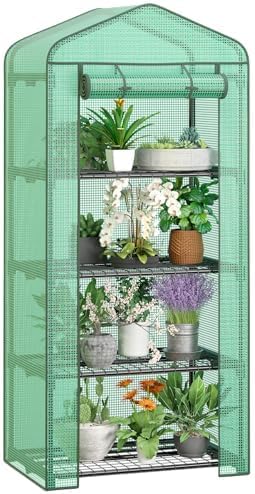 LEMY 4 Tier Mini Greenhouse Indoor Outdoor with PE Cover and Roll-Up Zipper Door,Portable Plant Green House for Seeds and Seedlings,Waterproof Shelved Tent for Patio,Garden,Balcony