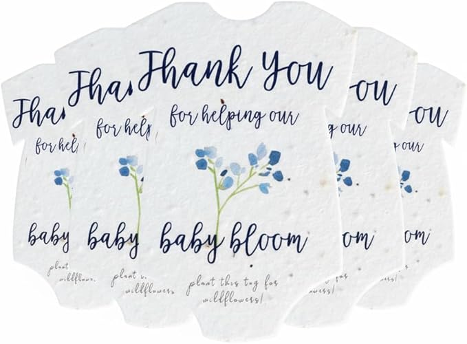 Seed Bloom Onesie Seed Paper – 5 Blue Shower Favors for Guests with Wildflower Seeds, Writable & Plantable, Shower Favor Gifts for Guest