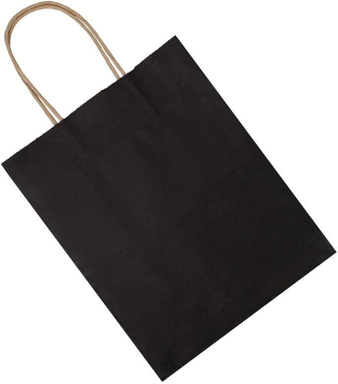 bagmad 100 Pack Medium 8x4.75x10 Inch Black Kraft Paper Bags with Handles Bulk, Gift Bags, Craft Grocery Shopping Retail Party Favors Wedding Business Sacks (Black, 100pcs)