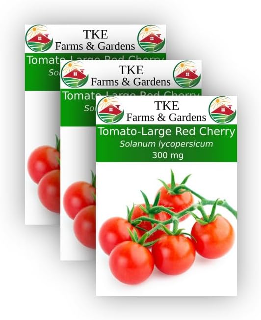 TKE Farms - Large Red Cherry Tomato Seeds for Planting, 300 mg Approx. 100 Seeds, Solanum lycopersicun, Instructions Included, Qty 3