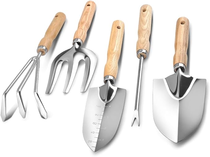 5-Piece Garden Tool Set, Rust-Resistant Stainless Steel with Ergonomic Non-Slip Wooden Handles – Durable Gardening Tools Gift,Includes Trowel,Transplanter, Hand Fork, Cultivator & Weeder Light-Weight