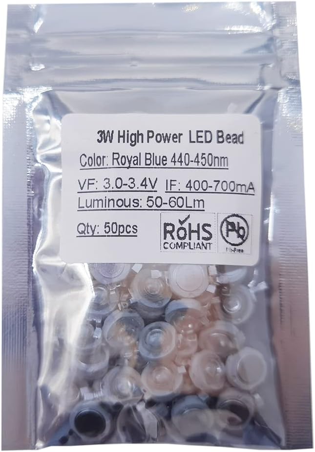 50 pcs High Power Led Chip 3W Royal Blue Plant Grow Light (440nm-450nm / 400mA-700mA DC 3V-3.4V 3 Watt) SMD COB Emitter Diode Components W Bead for DIY Hydroponic Aquarium Growing Lamps, (440nm)