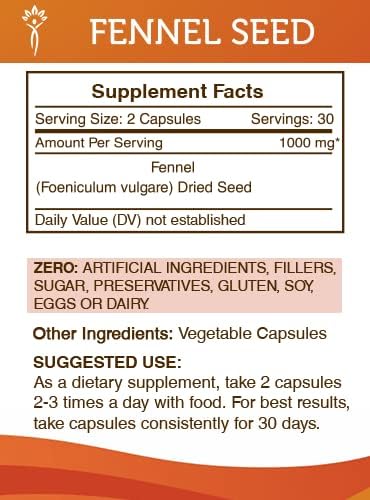 Secrets of the Tribe Fennel Seed 60 Capsules, 1000 mg, Fennel Seed (Foeniculum vulgare) Dried Seed (60 Capsules)