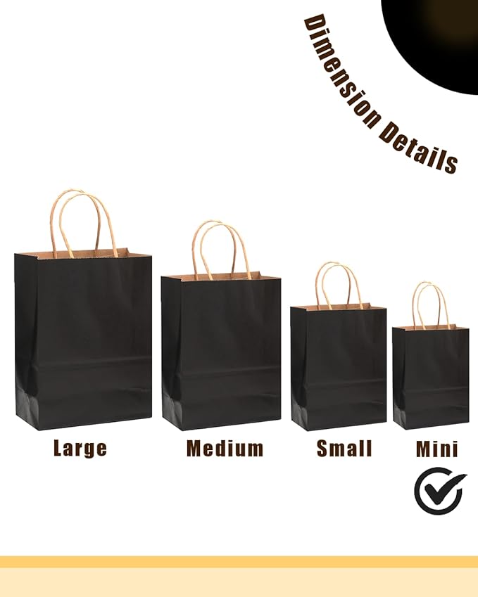qiqee 200-Packs Black Paper Gift Bags with Handles Bulk 4.5"x2.5"x6" Mini Size Paper Bags Multiple Uses