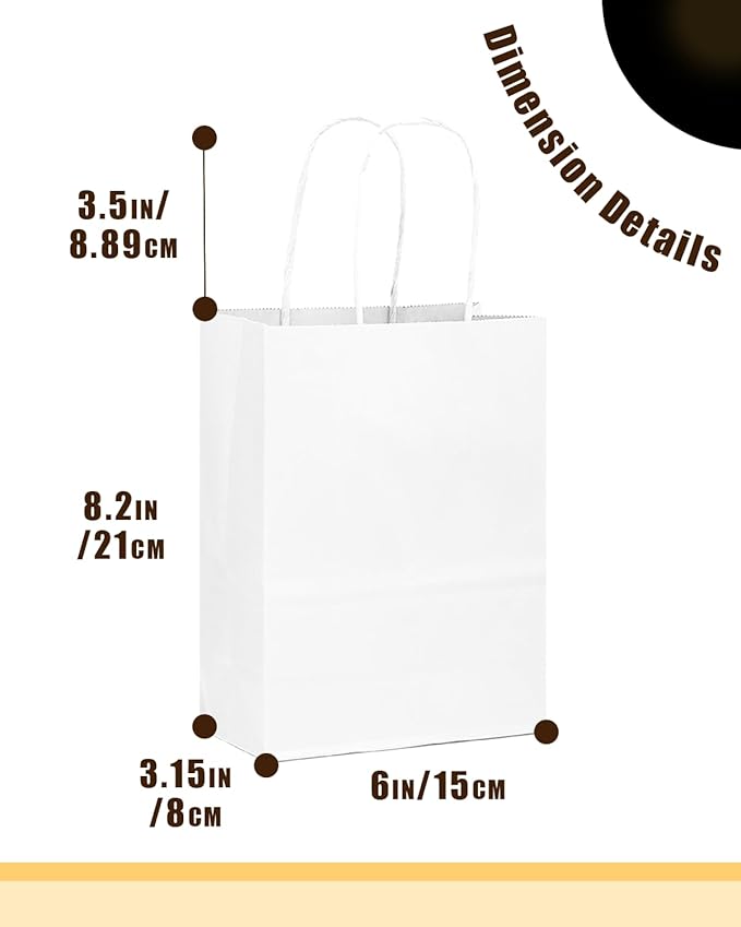 qiqee 200-Packs White Paper Gift Bags with Handles Bulk 8.3"x6"x3.15" Small Size Paper Bags Multiple Uses
