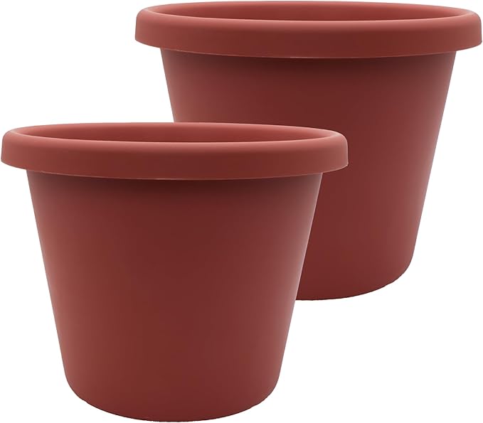The HC Companies 11.5 Inch Classic Round Planter Pots with Drainage, Rolled Rim Plastic Planters for Indoor & Outdoor Plants, 2-Pack Decorative Flower Pots for Garden, Office & Home Decor, Clay