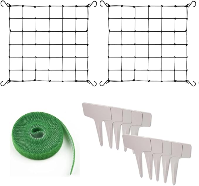 2 Pcs Scrog Net 3x3 FT Trellis Net for Grow Tent Elastic Trellis Netting with Hooks, Loop Tape, Garden Label for Indoor Plant Growing Tents Garden Plant Climbing Plants Support