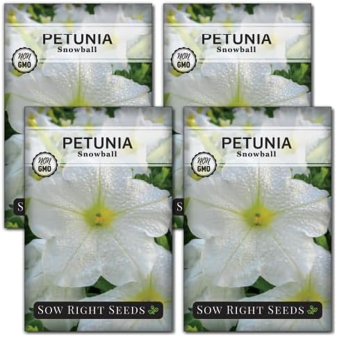 Sow Right Seeds - Snowball Petunia Seeds for Planting Outdoors - Non-GMO Heirloom Variety - Dwarf Flower - Easy to Grow White Petunias - Ideal for Flower Beds, Garden Borders, Containers (4)