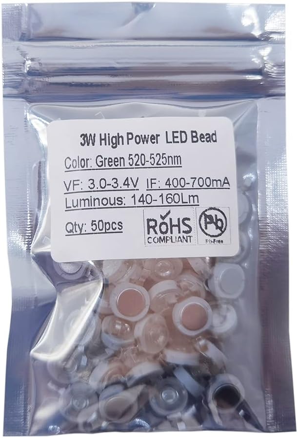 50 pcs High Power Led Chip on Board 3W Green (400mA-700mA / DC 3V-3.4V / 3 Watt) Super Bright Intensity SMD COB Light Emitter Components Diode 3 W Bulb Lamp Beads DIY Lighting
