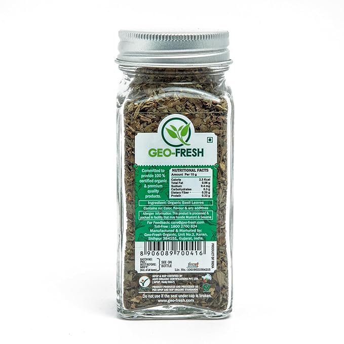 Geo-Fresh Organic Basil Leaves 0.71 oz (20g) – Dried Basil Seasoning for Cooking & Seasoning – Non-GMO, Kosher, USDA Certified Organic, Gluten-Free