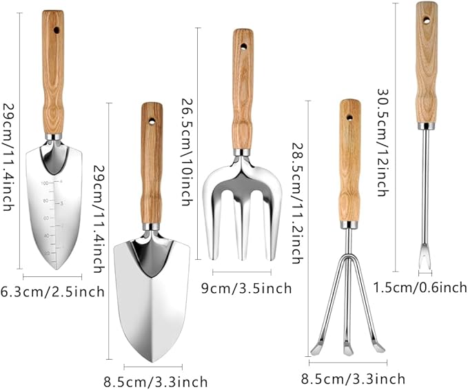 5-Piece Garden Tool Set, Rust-Resistant Stainless Steel with Ergonomic Non-Slip Wooden Handles – Durable Gardening Tools Gift,Includes Trowel,Transplanter, Hand Fork, Cultivator & Weeder Light-Weight