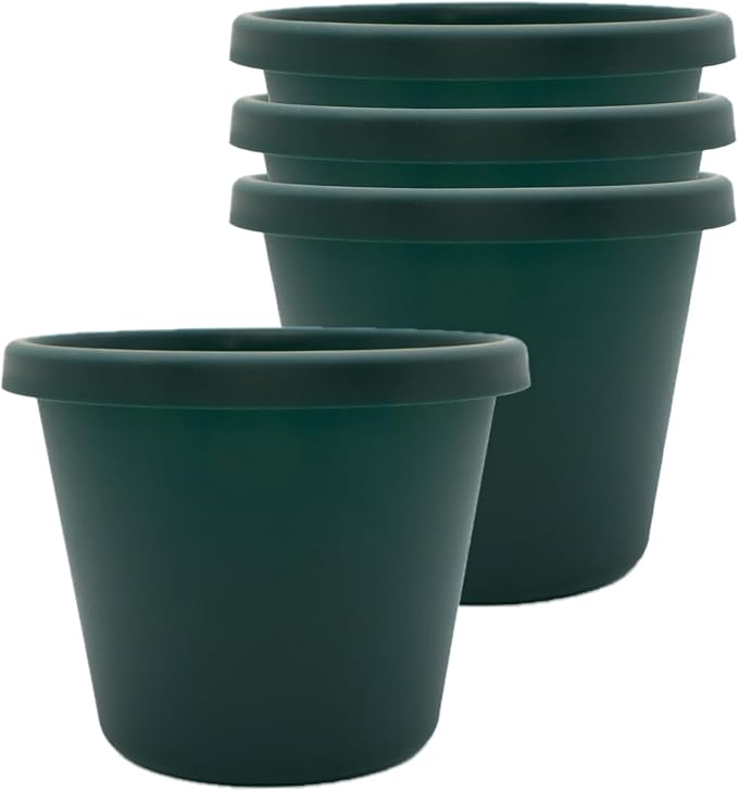 The HC Companies 6 Inch Prima Round Planter Pots with Drainage Holes and Rolled Rim, Lightweight UV-Resistant Plastic Indoor & Outdoor Planters, 4-Pack Flower Pots for Garden & Home Decor, Evergreen