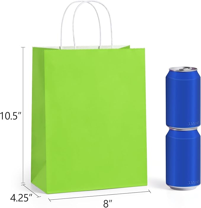 BagDream 8x4.25x10.5 Inch 100Pcs Green Gift Bags Medium, Kraft Paper Bags with Handles Bulk for Welcome Party Favors, Baby Shower, Goody, Treat, Retail, Grocery Paper Sacks