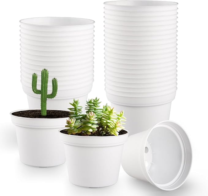RooTrimmer 60 Pack 3 Inch White Nursery Pots - Plastic Seedling, Seed Starter, Germination Pots with Drainage for Plants, Succulents, Flowers, Transplanting Gardening Gifts