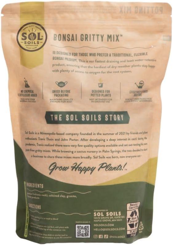 Sol Soils Bonsai Potting Mix - Fast Draining, Gritty, Peat Moss Free - 1 Quart - Pine Bark, Granite, Pumice, Calcined Clay