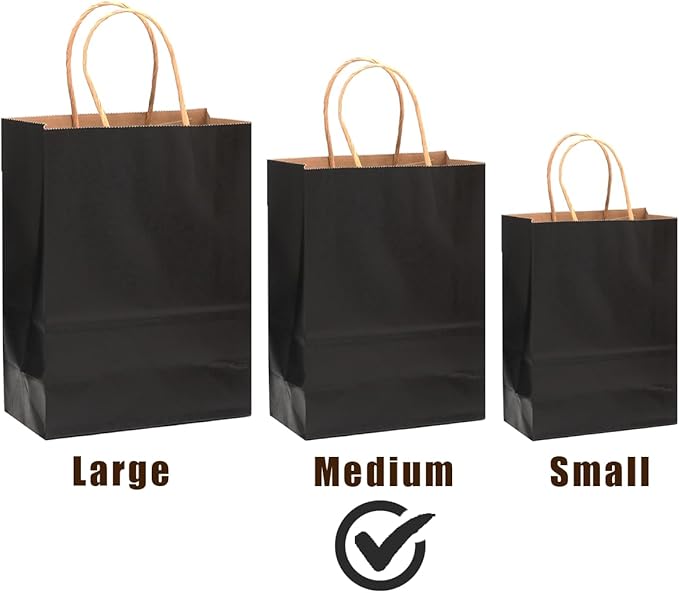 qiqee 200-Packs Black Paper Gift Bags with Handles Bulk 10.6"x8.3"x4.3" Medium Size Paper Bags Multiple Uses