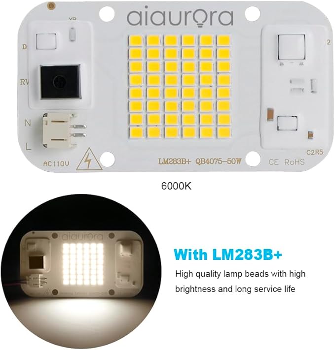 2PCS AC110V 50W Solderless AC Led Chip with LM283B+ Diode 6000K Led Panel with Bracket, Thermal Grease, Scraper for DIY Hydroponic Grow Lamp, Floodlight, Street Light (LM283B 6000K)