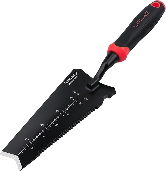 Heavy Duty Stainless Steel Garden Trowel, Serrated Edge Root Cutter, All-Purpose Hand Shovel Ideal for Digging, Weeding, Transplanting, Planting Bulbs and Soil Scooping (Red)