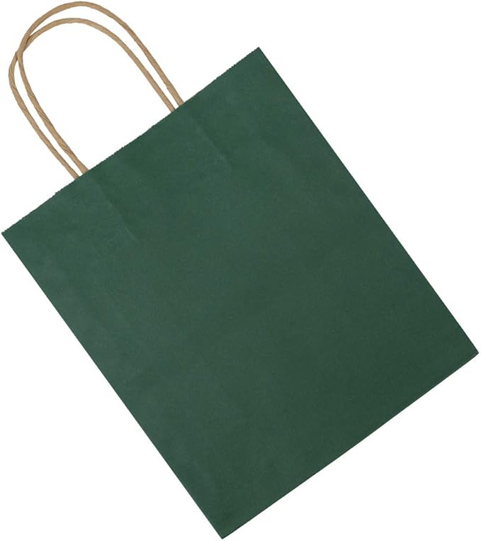 bagmad 100 Pack 8x4.75x10 Inch Medium Green Gift Paper Bags with Handles Bulk, Kraft Bags, Craft Grocery Shopping Retail Party Favors Wedding Business Sacks (Dark Green, 100pcs)