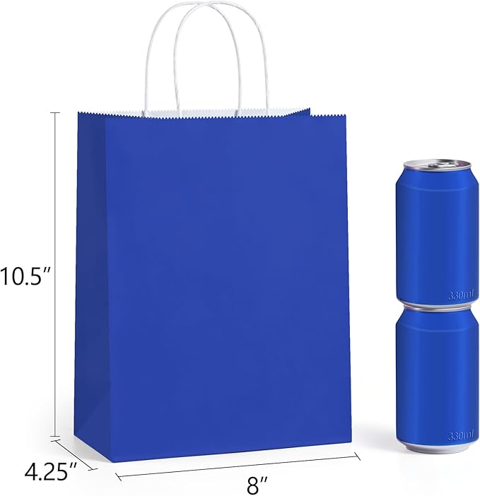 BagDream Royal Blue Gift Bags Medium Size 8x4.25x10.5 Kraft Blue Paper Bags with Handles Bulk 100Pcs for Wedding, Party Favors, Business, Retail, Grocery Paper Gift Sacks