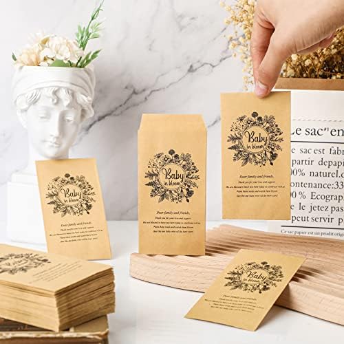 Fumete 50 Pcs Baby Shower Seed Packet Self Adhesive Kraft Envelopes Baby in Bloom Seed Storage Packets Mini Kraft Retro Paper Organizer for Gender Reveal Party, No Seeds(Black Flower)