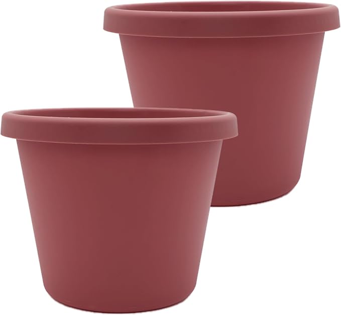 The HC Companies 14 Inch Prima Round Planter Pots with Drainage Holes and Rolled Rim, Lightweight UV-Resistant Plastic Indoor & Outdoor Planters, 2-Pack Flower Pots for Garden & Home Decor, Marsala