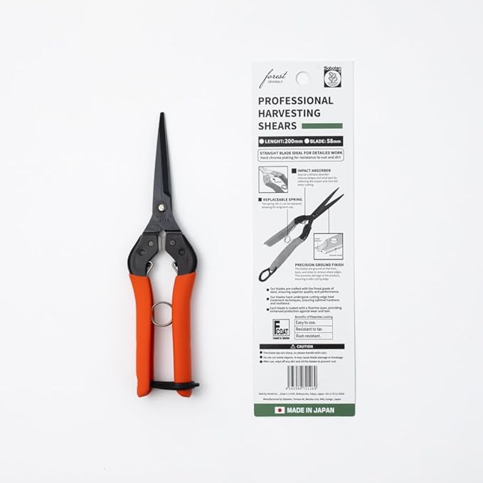 Saboten 7.9" Professional Japanese Harvesting Shears, Straight Precision Blade, Black Fluorine-Coated Stainless Steel, Spring-Loaded, Shock-Absorbing Grip, Safety Lock, Made in Japan