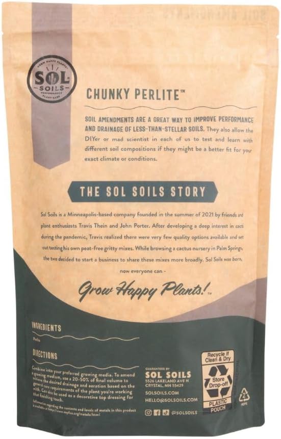 Sol Soils Chunky Perlite for Plants - Lightweight, All-Natural Volcanic Glass Soil Amendment to Improve Drainage & Aeration – 2 Quarts