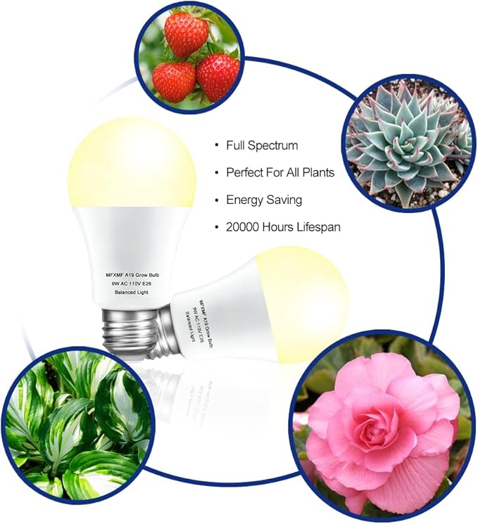 2 Pack LED Grow Light Bulbs A19 Bulb, Full Spectrum Plant Light Bulb, 9W E26 Grow Bulb Replace up to 80W, Grow Light for Indoor Plants, Flowers, Greenhouse, Indore Garden, Hydroponic