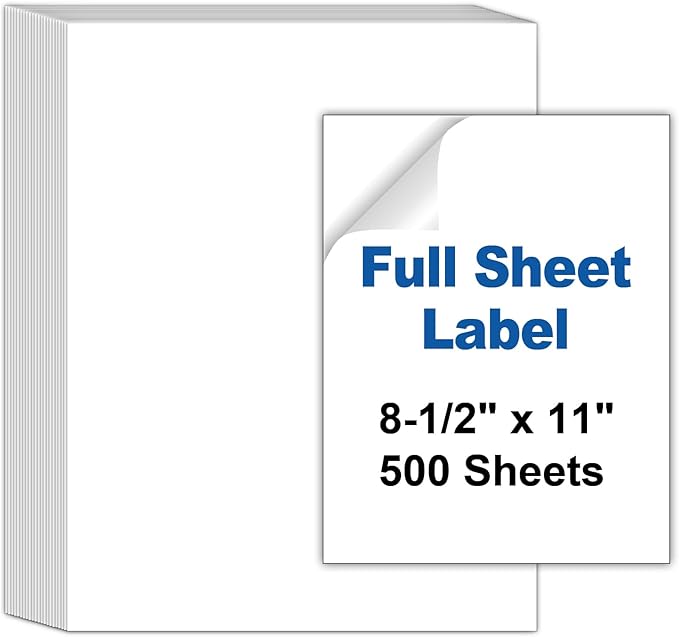 Bostlabel 500 Sheets Full Sheet Labels 8.5 x 11 for Laser and Inkjet Printer, 500 Pcs Full Page Labels 8.5 x 11 Matte White, Self Adhesive Printable Sticker Paper