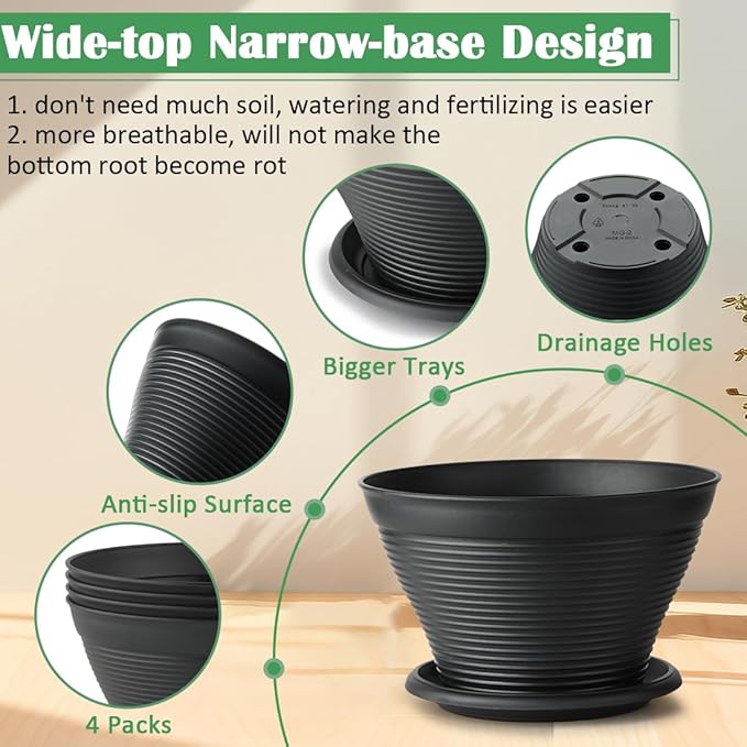 5 Pack 10 Inch Plant Pots with Saucers, Plastic Flower Pots with Drainage Holes, Large Planters for Indoor Outdoor Garden, House Plants, Flowers, Herbs, Gardening Gifts, Black