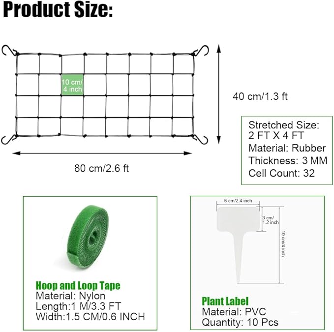 2 Pcs Scrog Net 2x4 FT Trellis Net for Grow Tent Elastic Trellis Netting with Hooks, Loop Tape, Garden Label for Indoor Plant Growing Tents Garden Plant Climbing Plants Support