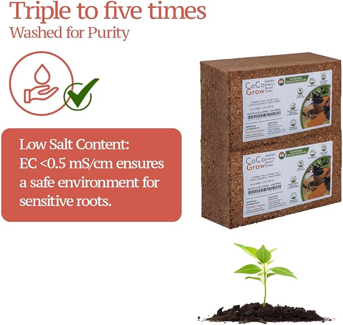 Premium Coco Peat Bricks – Low EC Coconut Coir Growing Medium, Pre-Buffered & pH Balanced, High Water Retention for Gardening, Hydroponics & Seed Starting, Pack of 6