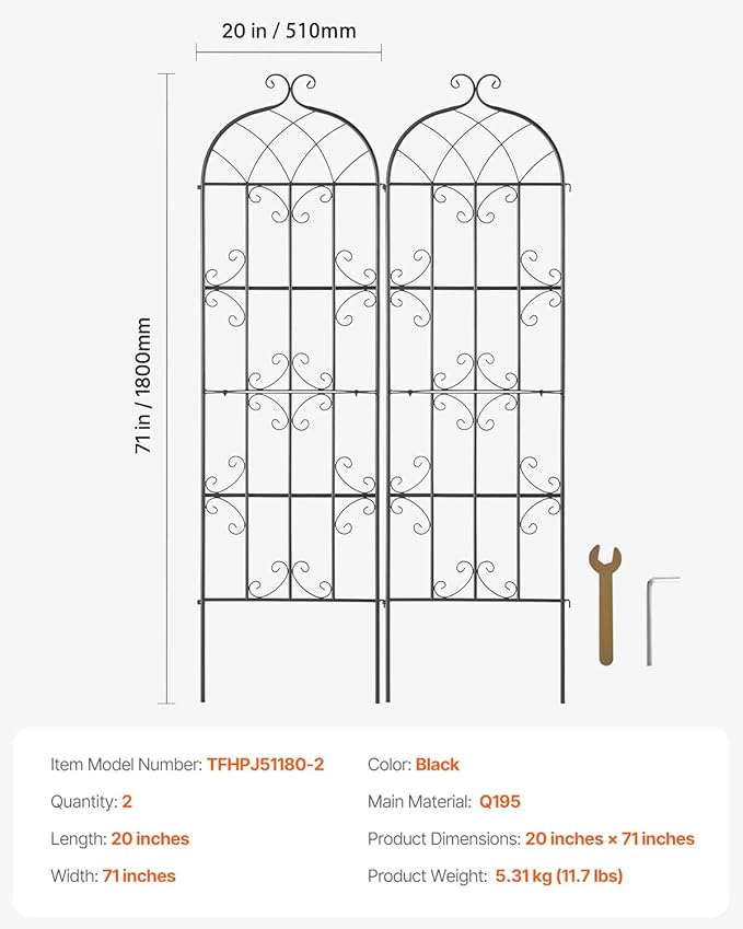VEVOR 71 x 20 in, 2 Packs Rustproof Metal Garden Flower Trellis, Outdoor Climbing Rose & Cucumber Support, Decorative Clematis Trellis for Courtyards & Lawns