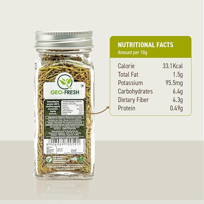 Geo-Fresh Organic Rosemary Leaves 0.88 oz - Dried Rosemary Seasoning for Cooking and Garnish - USDA Certified Organic, Non-GMO, Gluten-Free, Kosher