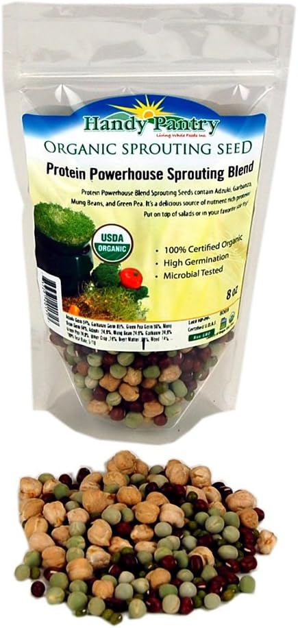 Handy Pantry Sprouting Seeds Organic Protein Powerhouse Blend (Adzuki, Garbonzo, Mung Bean & Snow Pea) 8 oz.