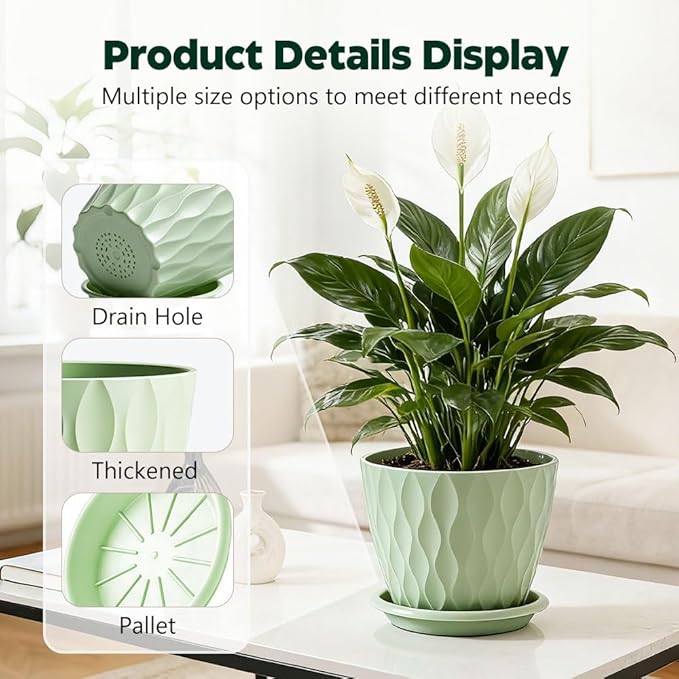 Plant Pots, Self Watering Planters with Drainage Holes and Trays, Flower Pots for Indoor Outdoor - 6 Pack(4/5/6/6.5/7/8 Inch) (Light Green)