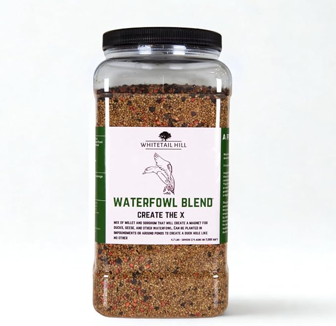Whitetail Hill Waterfowl Blend Food Plot Seed Mix for Ducks, Geese, and Other Waterfowl, 1/4 Acre or 1 Acre, Flood It and Hunt It, Millets, Grain Sorghum, Buckwheat